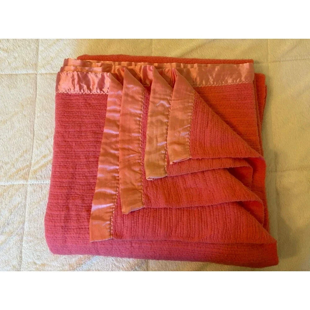 Vintage Waffle Weave Acrylic Blanket Satin Trim Pink Salmon Thermal Throw 86x86”